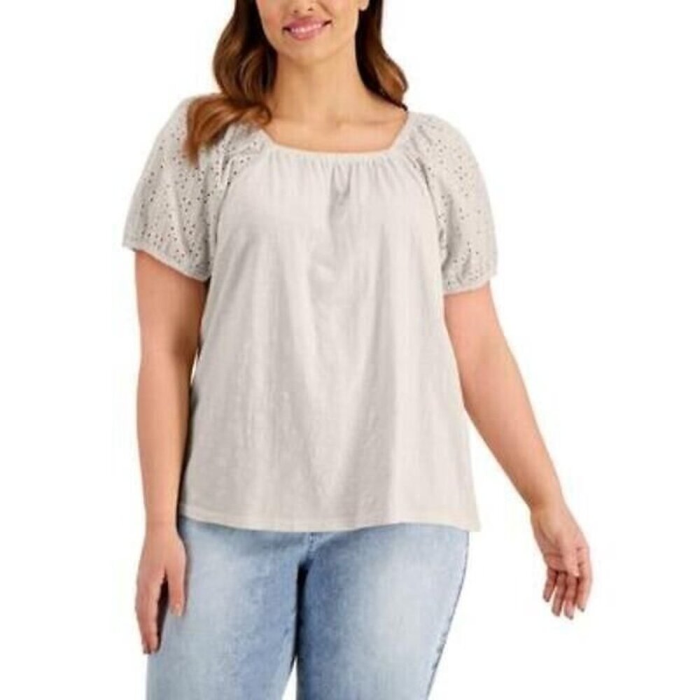 Style & Co. Women's Plus Size 1X Printed Slub Casual Top in Cream PM151AFA